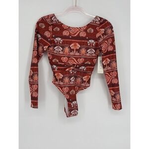 Phax Red Orange Tribal Print Long Sleeve One Piece Cheeky Bodysuit Sz XS Org $72